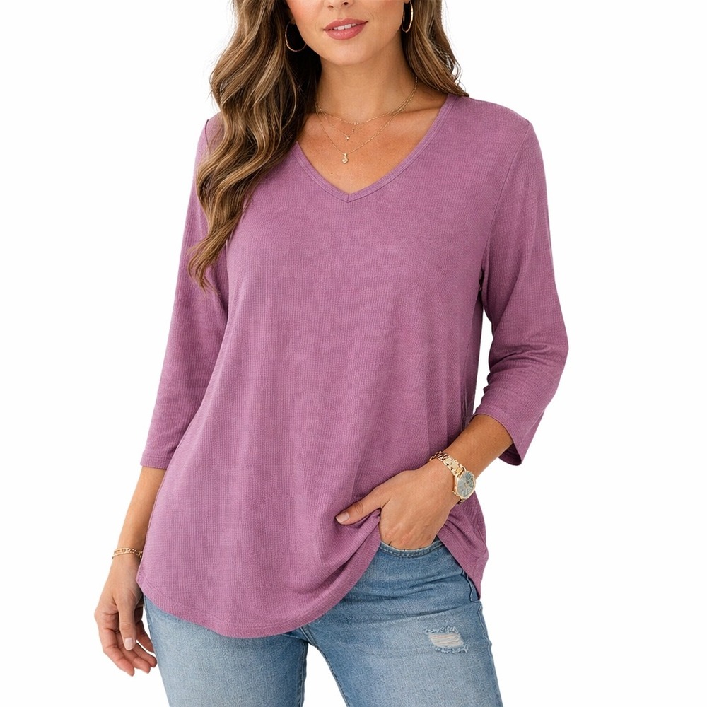 Segments Essentials for Women Lilac Purple Micro‎ Ribbed V-Neck Top 3/4 Sleeve